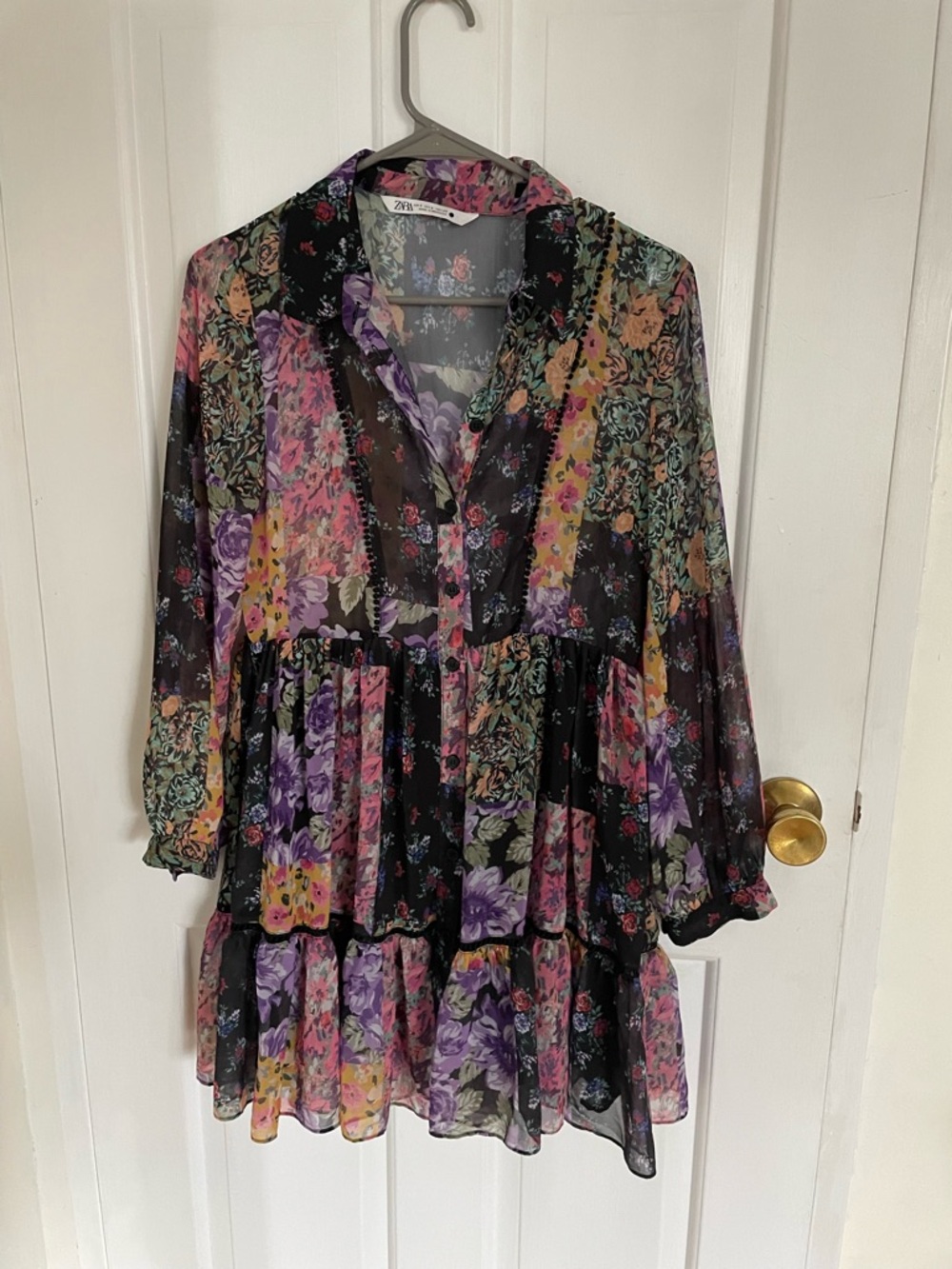 Zara Black Sheer Floral Tiered Tunic with Purple & Yellow Accents